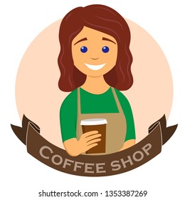 Barista giving coffee to go. Coffee shop, coffee bar label, badge or emblem. Vector illustration in flat style
