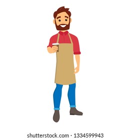 Barista giving coffee to go. Young man with a beard and an apron. Character vector illustration

