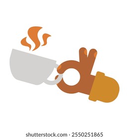 Barista hand holding cup of freshly brewed aromatic coffee. Morning tea tradition. Image for design of countries cultural traditions. Simple flat vector isolated on white background