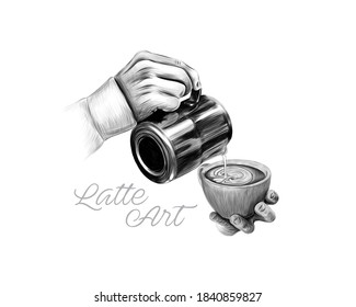 Barista Hand Making Latte Art. Hand Drawn Vector Illustration For Coffee Shop.