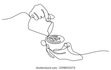 barista hand pouring froth milk making coffee tulip heart shape latte art  close up one line continuous drawing minimalist art illustration