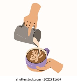 Barista hands holding coffee mug and adds cream,milk.