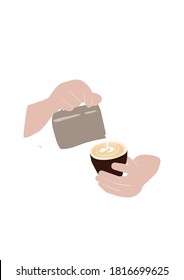 Ilustración del vector de café por manos de Barista, vertiendo leche en la Copa del Café