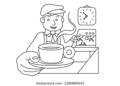 Barista hands out coffee espresso, smiling barista working behind cafe counter has just made coffee from professional coffee machine vector line art illustration