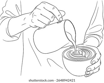 Barista Mãos Vazando Leite para Latte Art - Café Fazendo Linha Arte Ilustração