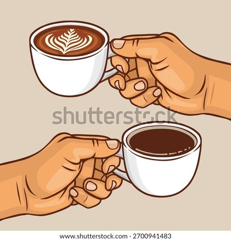 Barista hands serving two cups of black coffee and latte art in vector graphic. This image was created using vector software and is editable. It was not created using AI.