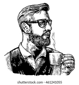 Barista hipster holding a cup of hot coffee. Hand drawn style. Vintage vector engraving illustration for label, web, poster. Isolated on white background.