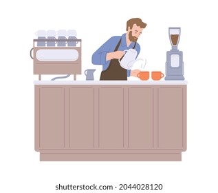 Barista hipster man cartoon character behind counter bar of the coffee shop brewing coffee in cups, flat vector illustration isolated on white background.