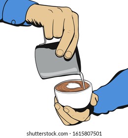 Barista Hold Cup And Making Latte Or Cappuccino Art Coffee With Milk. Vector Illustration