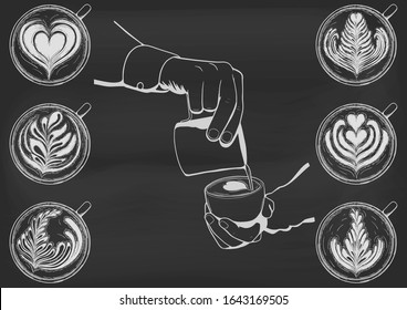 Barista hold cup and making latte or cappuccino art coffee with milk. Vector illustration