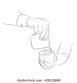 Barista hold cup and making latte or cappuccino art coffee with milk. Vector illustration