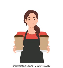 Barista segurando xícara de café, servindo café ao cliente. Ilustração de vetor plano isolada no plano de fundo branco