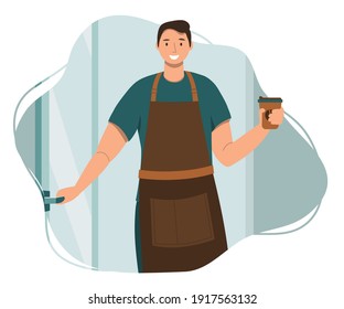 Barista sosteniendo café para ir en una taza de papel.Concepto de trabajo de negocios después de la cuarentena.Ilustración del vector de comida. Waiter está trabajando en una cafetería, cafetería, panadería, restaurante. Bienvenida que estamos abiertos