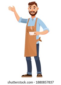 Barista holding cup of tee. Male person in cartoon style.