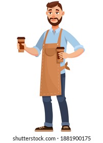 Barista holding paper coffee cups. Male person in cartoon style.