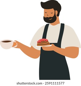 The barista holds a cup of coffee and dessert in his hands. Vector illustration