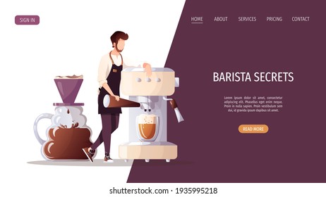 Barista with huge coffee machine. Coffee shop, break, cafe-bar, restaurant, coffee lover concept.  Vector illustration for poster, banner, website. 