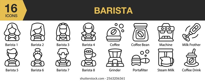 Barista icon set. Includes Barista, Coffee, Man, Shop, Store, Waiter, Waitress, and More. Outline icons vector collection.