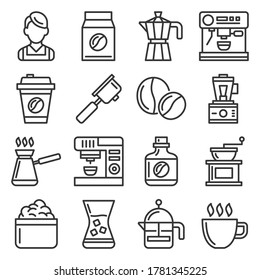 Barista Icons. Coffee Drink Equipment Set. Vector