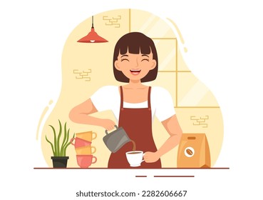 Barista Illustration With Wearing Standing Apron Making Coffee for Customer in Flat Cartoon Hand Drawn Landing Page or Web Banner Template