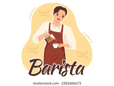 Barista Illustration With Wearing Standing Apron Making Coffee for Customer in Flat Cartoon Hand Drawn Landing Page or Web Banner Template