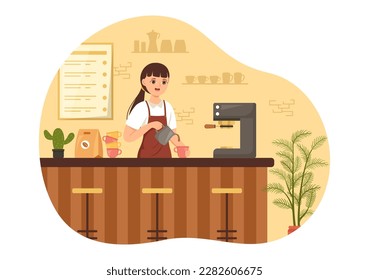Barista Illustration With Wearing Standing Apron Making Coffee for Customer in Flat Cartoon Hand Drawn Landing Page or Web Banner Template