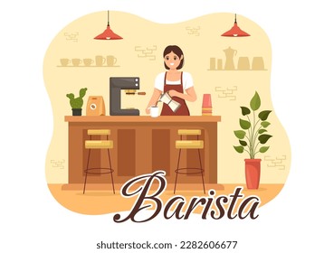Barista Illustration With Wearing Standing Apron Making Coffee for Customer in Flat Cartoon Hand Drawn Landing Page or Web Banner Template