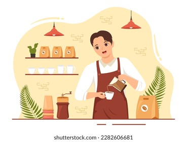 Barista Illustration With Wearing Standing Apron Making Coffee for Customer in Flat Cartoon Hand Drawn Landing Page or Web Banner Template