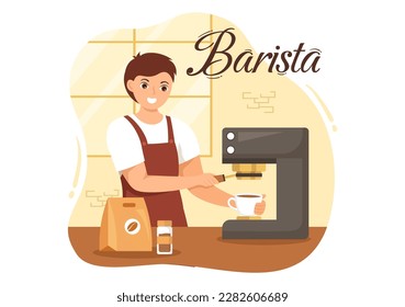 Barista Illustration With Wearing Standing Apron Making Coffee for Customer in Flat Cartoon Hand Drawn Landing Page or Web Banner Template