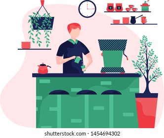 Barista illustration.Coffee break concept vector illustration.Young white man standing in front of the counter with cup of coffee in the coffee shop. Small business design