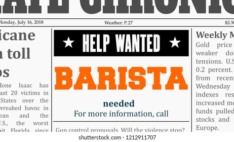 Barista Job Offer. Newspaper Classified Ad In Fake Generic Newspaper.