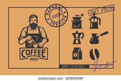 Barista logo with coffee icons in vintage style with stamps