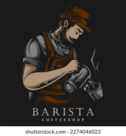 barista logo illustration making coffee in vintage style. barista logo illustration making coffee