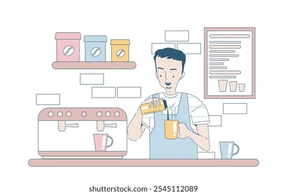 Barista hacer café. El hombre vierte la bebida caliente en la taza. Café o restaurante. Bebida y líquido sabroso. Cappuccino y mocaccino, café con leche. Ilustración vectorial lineal aislada sobre fondo blanco