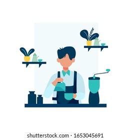 Barista make and serve customers in the coffee shop vector illustration, suitable for landing page, ui, website, mobile app, editorial, poster, flyer, article, and banner