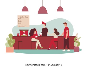 Barista Make Woman Coffee Vector Illustration. Cartoon People Conversation, Drink in Cafe. Americano, Espresso, Latte Menu. Friend Meeting Talk, Girls Sit Counter Chat. Cafeteria Interior