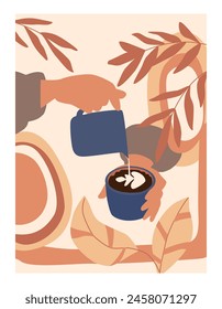 Barista makes cappuccino coffee. Abstract poster with hands leaves simple shapes in terracotta colors for cafe T-shirt print wall art design.