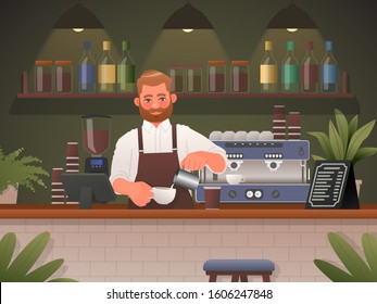 Barista Makes Coffee In A Cafe Shop. Vector Illustration In Cartoon Style