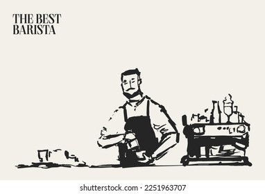 The barista makes coffee in the coffeehouse, hand drawn illustration