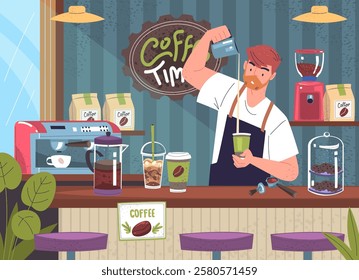 Barista makes coffee. Coffeehouse service professional employer or owner cafe bar brew espresso mug, pouring latte cup hipster man person in apron working classy vector illustration original artwork