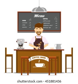 Barista makes coffee design with smiling man behind counter menu on white wall in background vector illustration 