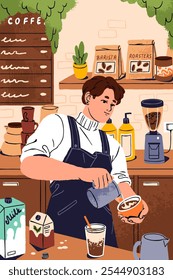 Barista makes coffee on coffeehouse counter poster. Young man prepares drink in cafe. Coffeeshop worker cooks beverage, pours milk in cup. Person works, cooking in cafeteria. Flat vector illustration.