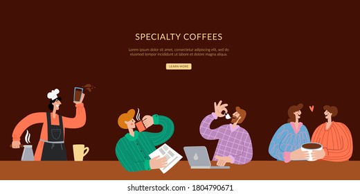 The barista makes coffee, and people sit and drink coffee. Specialty coffee Landing page for small business. Homepage website layout design concept.