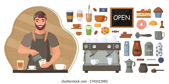 Barista makes a coffee. Coffee shop concept. Collection of coffee maker elements, sweets and coffee. Vector illustration.