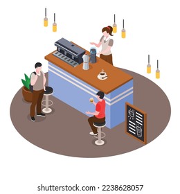 Barista hace café en una cafetería isométrica 3d concepto de ilustración vectorial para banner, sitio web, ilustración, página de aterrizaje, volante, etc.