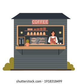 The barista makes coffee in the coffee shop. Shop window. Vector flat illustration on a white isolated background