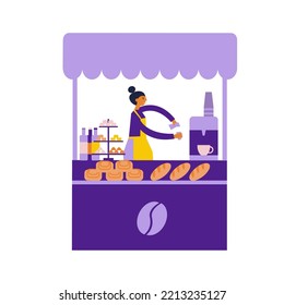 Barista makes coffee in a street kiosk. Coffee shop street food stall. Flat cartoon vector illustration