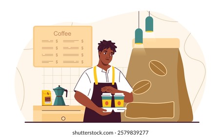 Barista makes coffee. Young guy with mugs of hot drinks. Cafeteria or coffee shop worker. Beverage and tasty hot drink. Catering service occupation. Flat vector illustration