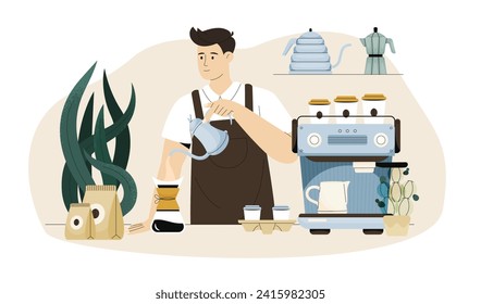 Barista making coffee. Cartoon cafe worker preparing coffee in cafe with coffee machine, barista making filtered coffee. Vector set. Man making takeaway drinks or hot beverage with coffeemaker