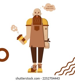 Barista haciendo diseño de caracteres de café para la identidad de café elemento gráfico aislado. Carácter barista con taza de café de papel en la mano. Hombre hipster con barba y bigote. Ilustración vectorial.